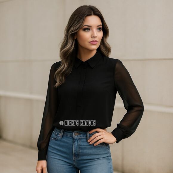 Anthropologie See U Soon Sheer Sleeve Black Collared Button Blouse Size XS - Picture 1 of 10